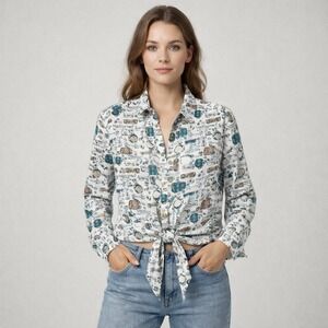 Style &‎ Co Womens Travel Print Tie-Front Button Down Cotton White Medium Y2K